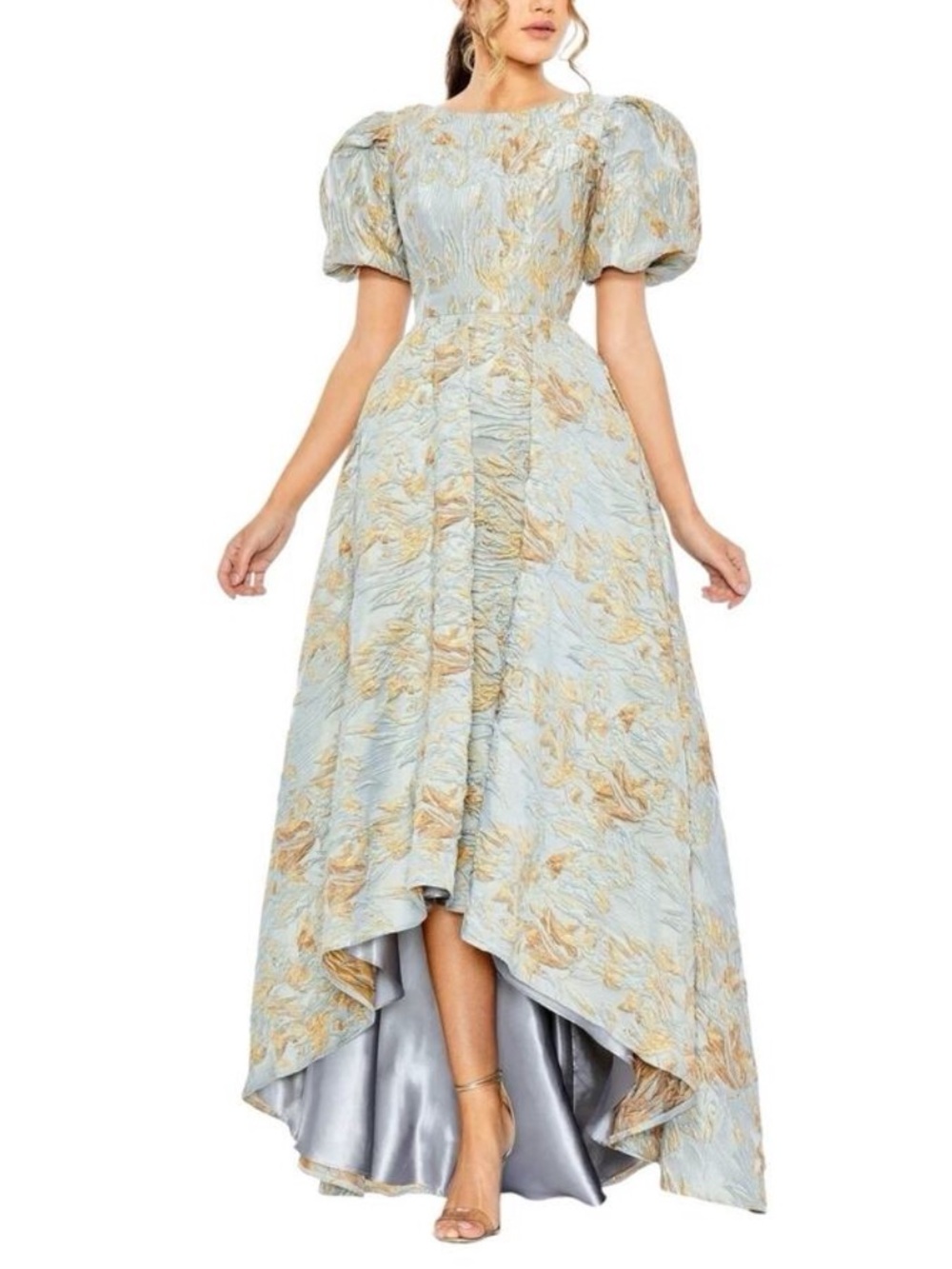 MAC DUGGAL Blue Brocade Puff Sleeve High Low Gown Style # 11608 - Reemoly